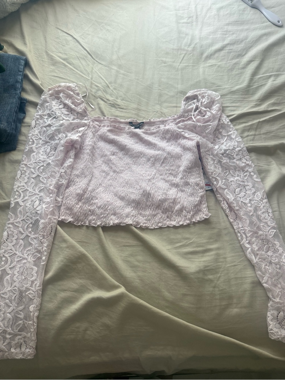 Guess Delicate Pink Lace Sleeve Crop Top